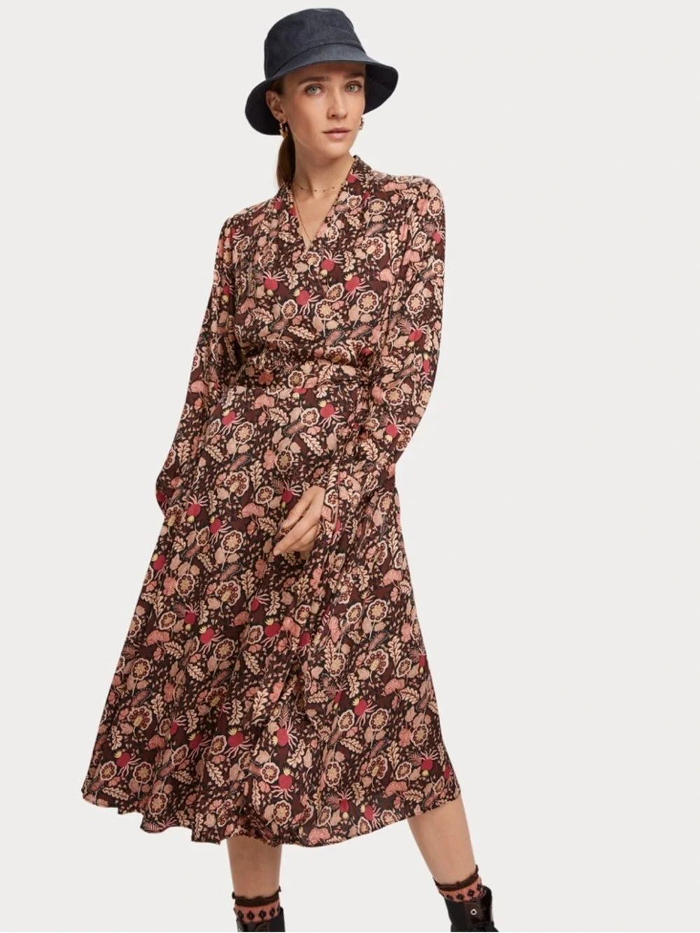 Scotch & Soda Brown Floral Midi Dress with Pink Accents - Picture 2 of 10